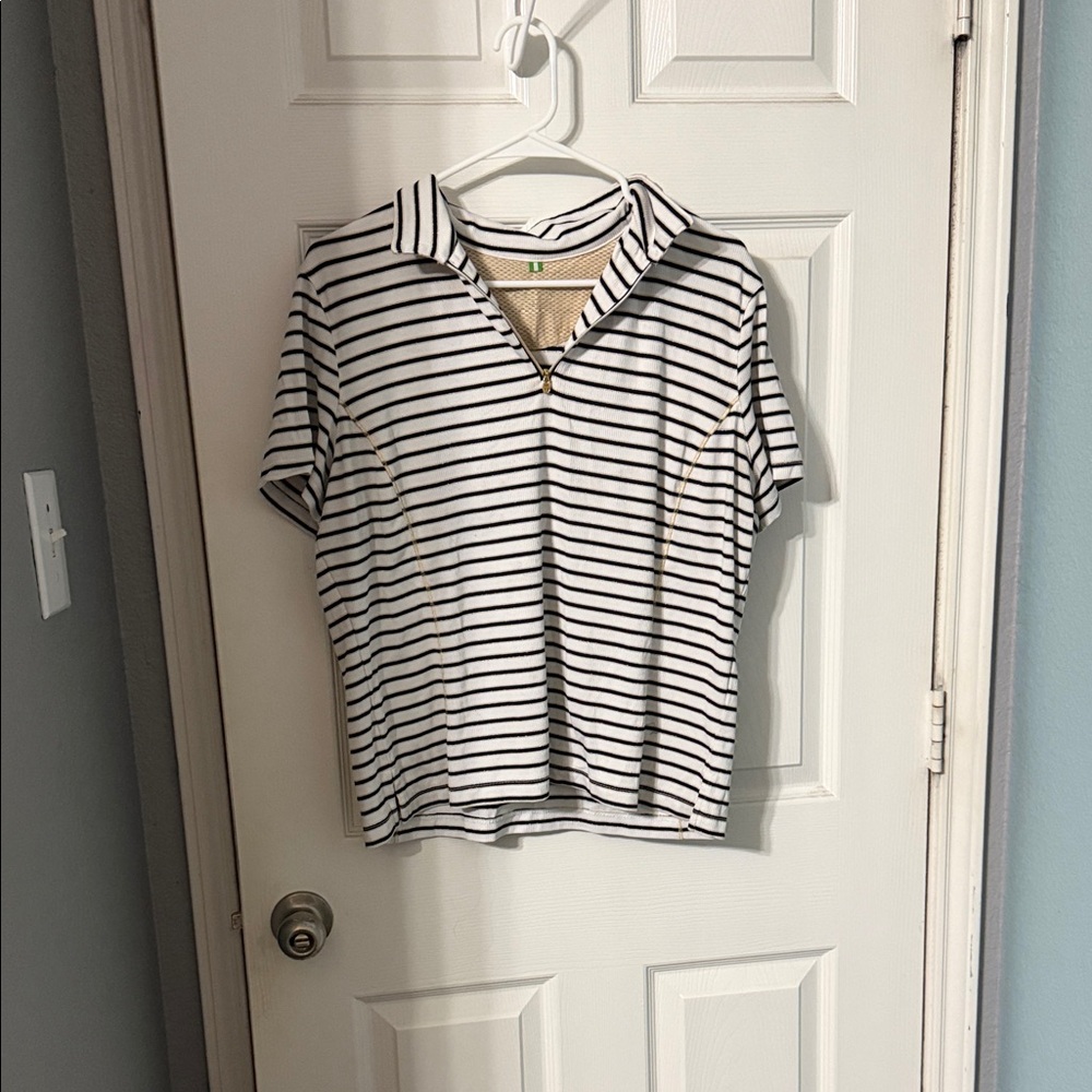 Striped Polo Zip-Up Top - White & Black